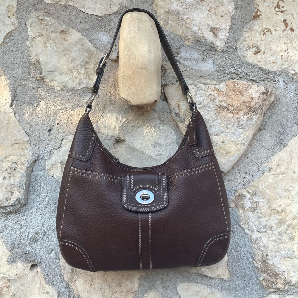 Coach Hamilton Pebbled Leather Brown Hobo Bag w/Mauve Lining